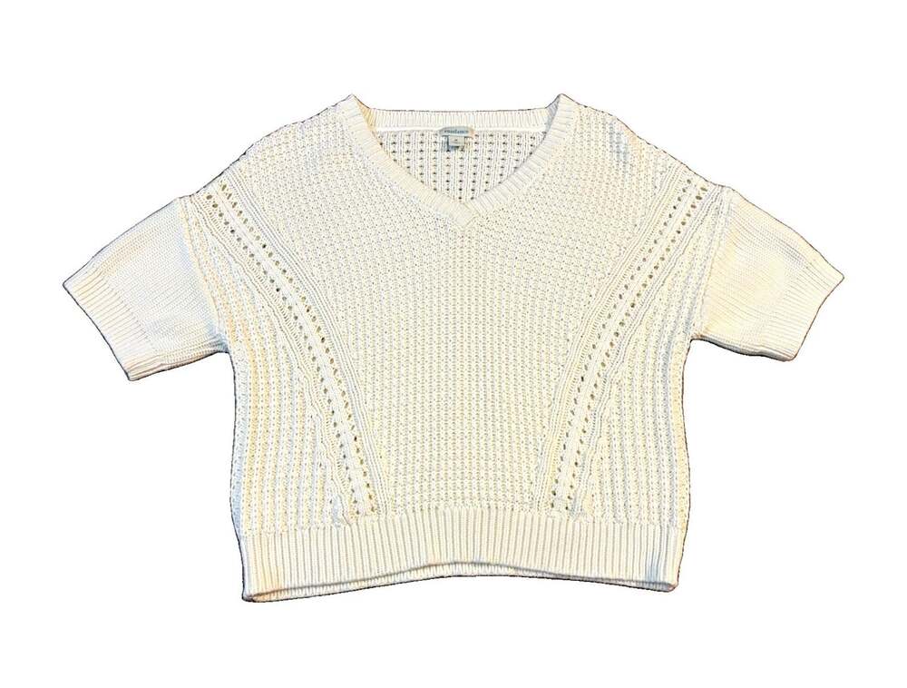 Sundance White 100% Cotton Open Knit V-Neck Short Sleeve Pullover Sweater M